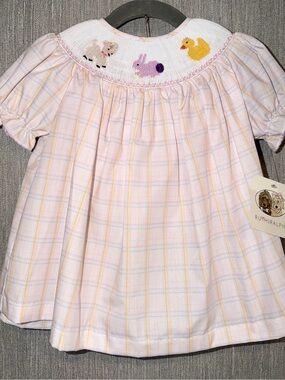 Ruth & Ralph - Smocked Pastel Plaid Bloomer Set with Lamb, Bunny and Duck